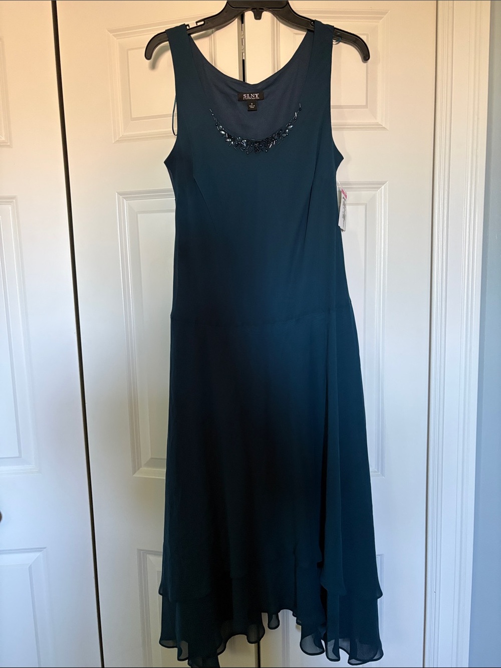 SLNY Teal Beaded Neck Sleeveless Maxi Dress